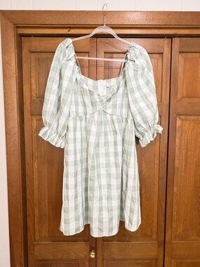 Mittoshop Sage Gingham Puff Sleeve Babydoll Dress | Size L